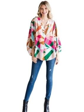 JODIFL Geometric Balloon-Sleeve Blouse in Pink, Green & Tan